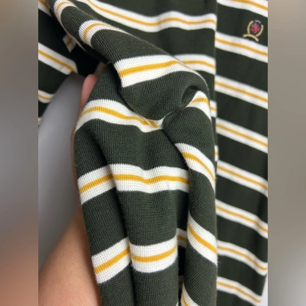 VTG Tommy Hilfiger Green Striped‎ Polo Shirt Mens Sz L Logo Thermal Equestrian